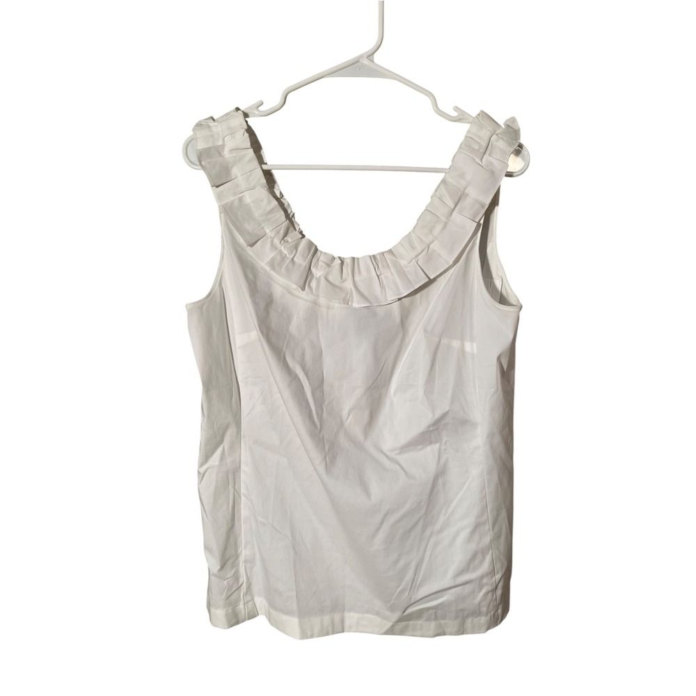 Ann Taylor Women's Size 8 Sleeveless Top White Scoop Ruffle Neck Stretch Cotton
